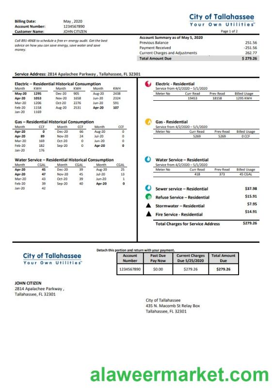 USA Florida City of Tallahassee Florida Your Own Utilities bill template in Word and PDF format